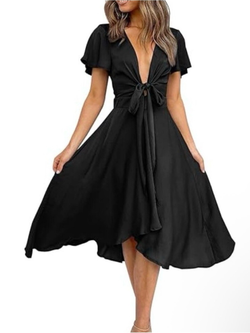 NWT BTFBM Satin Black v Neck Tie-Front Midi Dress Size Small